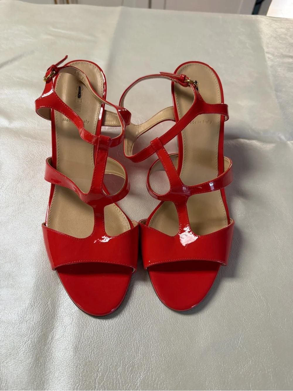 J. Crew Orange Papyra Patent Leather Strappy Wedge Sandals
